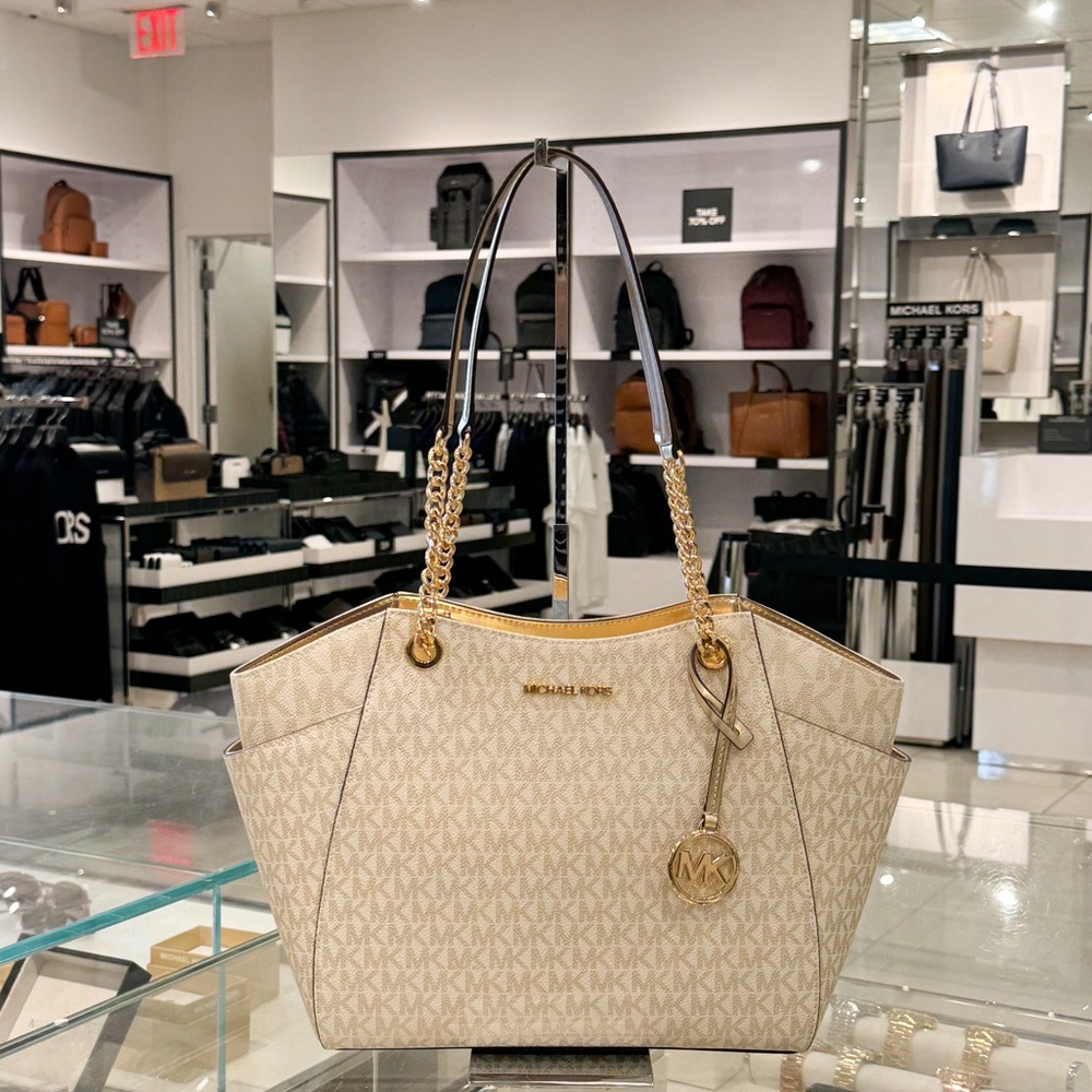 Michael Kors Jet Set Travel Large Shoulder Chain Tote Bag MK Pale Gold